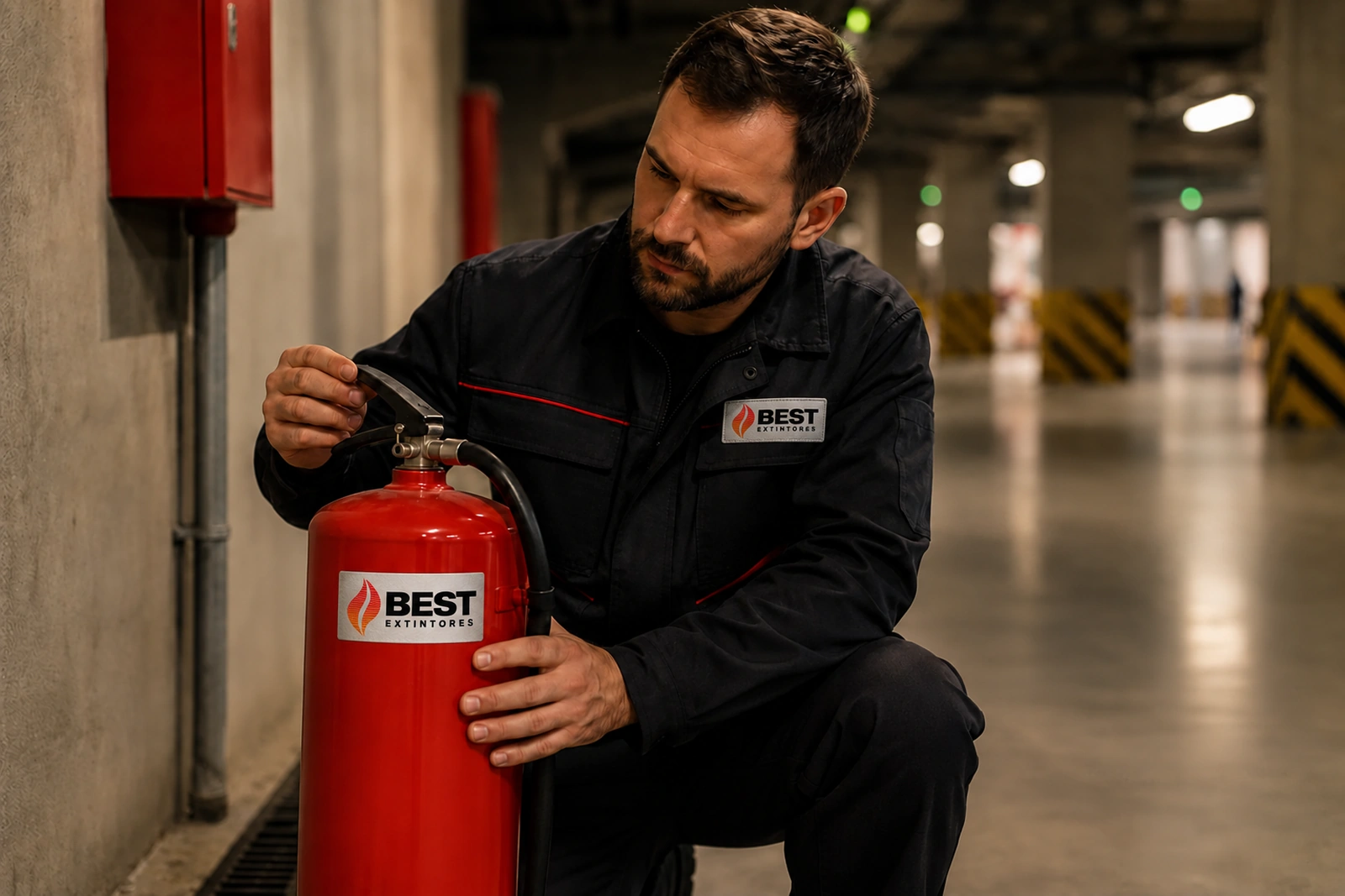 Técnico de Best Extintores revisando un extintor en un estacionamiento subterráneo