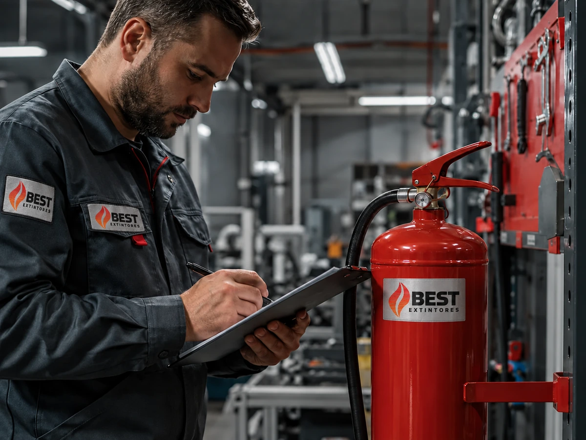 Técnico de Best Extintores certificando un extintor